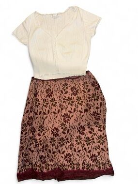 Dusty Rose Floral Midi Skirt with Scallop Hem